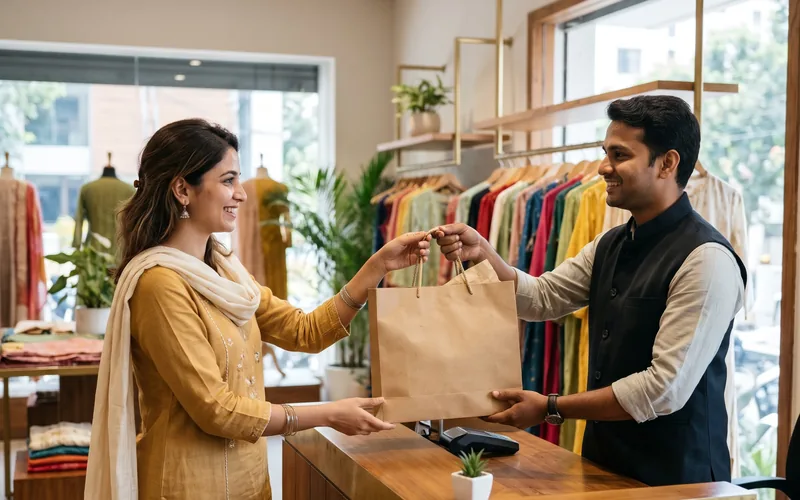 A shopkeeper handing a paper shopping bag across the counter of a clothing store.