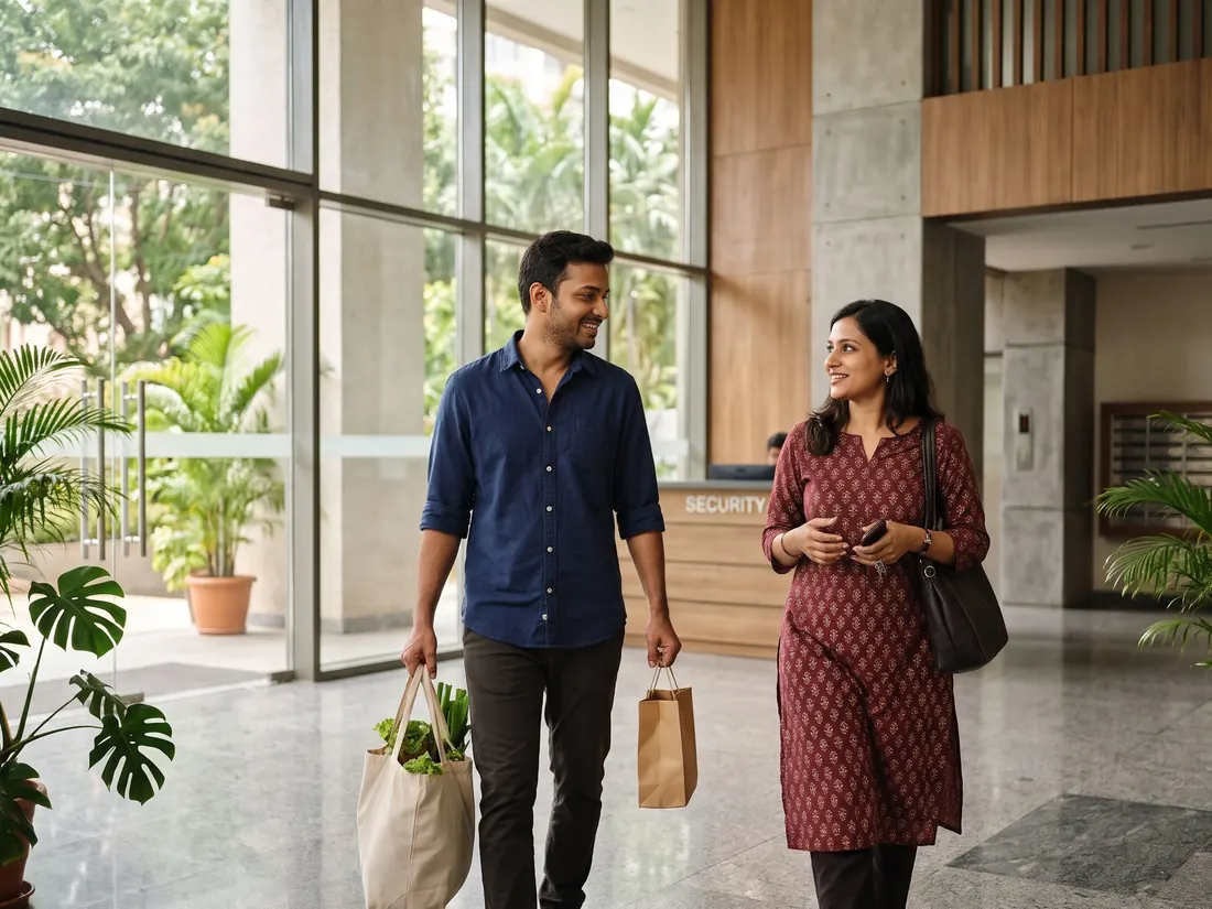 Two people meeting in the lobby of an apartment building, past the security desk.